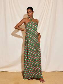 JIAN LASALA 波西米亚风印花无袖露背O形环及地太阳裙夏季度假女士休闲连衣裙海滩度假装欧洲夏季外出夏威夷装女士安卡拉裙度假装飘逸连衣裙复古返校节礼服秋装节日装秋季女装婚礼宾客礼服女士 - 彩色 - 查看 5