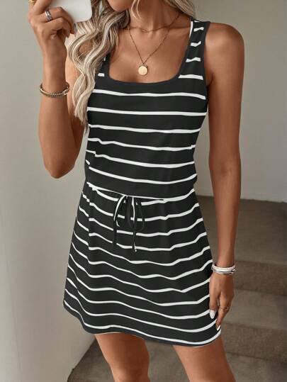 Easowa Spring & Autumn Women Casual Stripe Print U-Neck Sleeveless Drawstring Waist Fashion Vacation Dress,Vacation Outfits Woman,Summer Dresses For Women