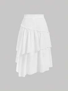 SHEIN Girlism Falda blanca casual asimétrica de varios volantes para niña preadolescente, elegante estilo francés, de vuelta al colegio - Blanco - Ver 2