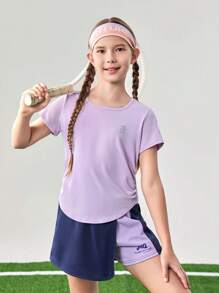 JNSQ Camiseta deportiva ajustada para niña preadolescente, camiseta deportiva ajustada con estampado divertido de cuello redondo para niños - Morado - Ver 5