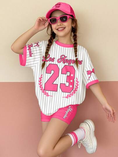 SHEIN Leap Crew 2pcs/Set Tween Girls Casual Minimalist Short Sleeve T-Shirt And Shorts, Summer