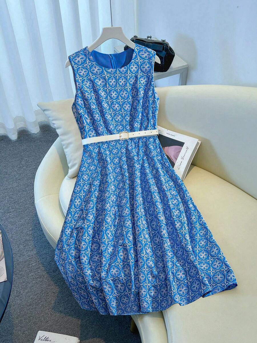 Flirla Plus Size Sleeveless Casual Floral Embroidery Dress For Summer - Blue - View 1