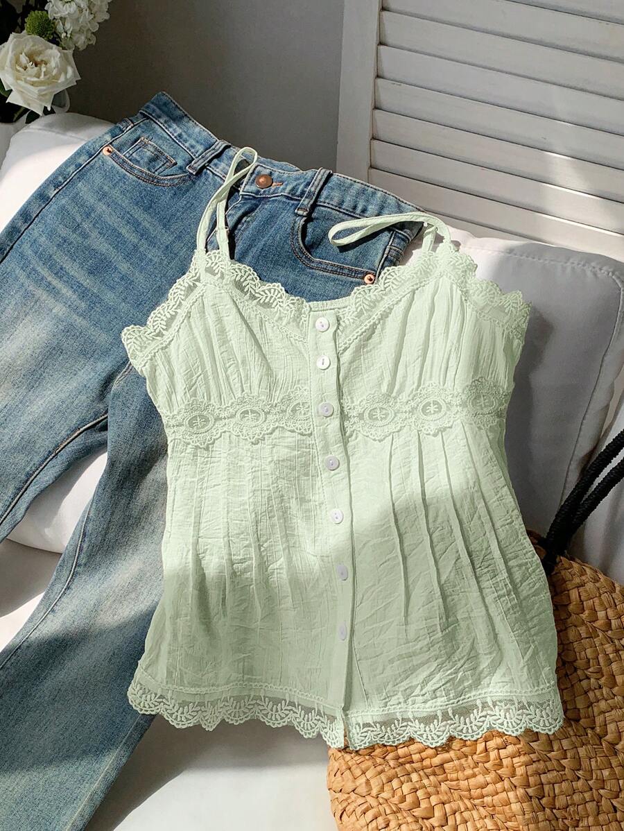 Comfortcana Áo hai dây ren vá màu xanh bạc hà dành cho nữ, mùa hè - Màu xanh Bạc hà - Xem 1