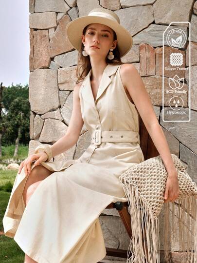 Aveloria Women's  Linen Sturndown Collar Sleeveless Waist Cinching  Midi Dress For Women With Belt,Summer Dresses For Women,Dresses For Women Summer,Teacher Dress,Apricot Dress,Elegant Dress,Business Casual Woman,Old Money Style,White Dresses Classy Elegant,Wedding Guest Dress Women