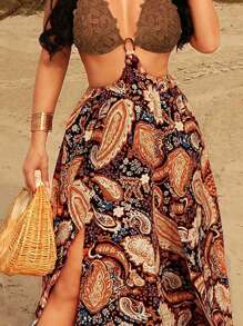 SHEIN SXY 女式无袖露背佩斯利印花高开衩长裙，蕾丝吊带领和镂空装饰，适合春夏海滩度假 - 鏽棕色 - 查看 6