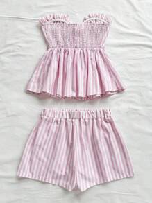 Soleia 2pcs/Set Women Striped Floral Ruffle Twist Sleeveless Crop Top And Casual Shorts Summer Beach Vacation Set, Party & Beach