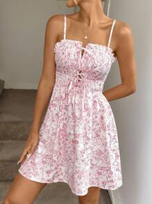 Easowa Gerüschte Vorderseite, Schleife-Rücken, ausgeschnittenes, gerafftes A-Linien-Kleid mit Blume Muster, Vintage romantischer, legerer Urlaubs-Eleganz Sonntagskleid - Verschiedenfarbig - Übersicht 6