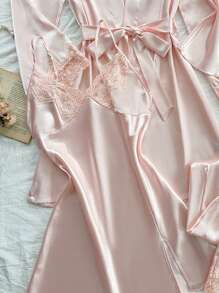 SilkySpell Women's Elegant Embroidered Lace Cami Top & Sleep Dress & Pants & Sleepwear Belted Robe Multi Pieces Set, Fall Winter Clothes - Baby Pink - View 4