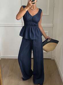 Livesso Conjunto informal de 2 piezas para mujer con blusa sin mangas con cuello en V y volantes, y pantalones vaqueros de pierna ancha de verano - Azul - Ver 4