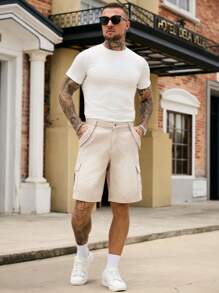 Manfinity Homme Men's Khaki Denim Cargo Shorts Casual Vacation Style With Zipper Details - Khaki - View 3