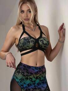 Innovista 光泽塑形超性感运动套装，健身两件套/两件装，配套运动套装，文胸和紧身裤，无蹲姿，高弹吸汗，如黄油般柔软的上衣和高腰运动裤，仿皮效果搭配动物纹印花，打造派对造型 - 彩色 - 查看 6