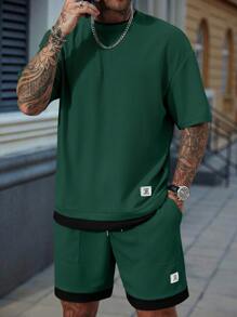 Manfinity CasualCool 男士夏季休闲拼色拼接T恤和短裤套装，短袖绿色针织T恤和运动短裤套装，带口袋，适合通勤风格，男士两件套服装，街头套装，舒适服装