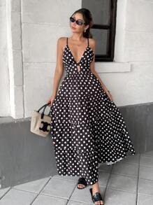 Pariaura Váy suông chấm bi rộng rãi, dây mảnh vá, viền vá cho nữ, phong cách nghỉ dưỡng - Đen và trắng - Xem 6