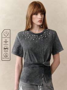 SHEIN LUNE Women's 100% Cotton Sand Wash Asymmetric Pearl Decor Short Sleeve T-Shirt,Grey Summer Elegant Tea Party Casual Commuting Top,Washed Clothes - Grey - View 8