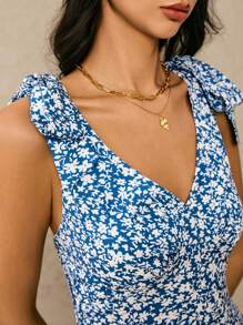 Poéselle Blue Floral Print Dress,Small Floral Dress,Women's Ditsy Floral Sleeveless Knotted Shoulder Maxi Dress, Elegant For Vacation Blue Summer Dress Women Blue Floral Dress Summer Long Dress Women,Suitable For Daily Wear, Going Out, Commuting, Dating, Vacation And Other Occasions,Poeselle