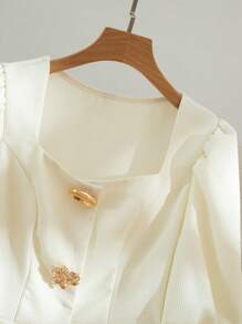 Modelyn Women's Elegant Solid Color Lantern Sleeve Blouse, Summer - Beige - View 4