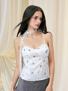 SHEIN MOD 女士碎花褶皱度假吊带背心，返校季、夏季、度假、海滩、浪漫约会、Y2K风格、毕业典礼、婚礼、返校季、甜美浪漫乡村风上衣 - 白色 - 查看 3