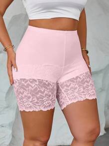 Elenzga Plus Size Women Casual Simple Vacation Leggings, Knitted Lace Insert, Short Skinny Pants, Comfortable Soft Breathable Fabric - Pink - View 7
