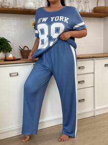 Plus Size Women Casual Number Letter Print Top & Pants Pajama Set - Baby Blue - View 5