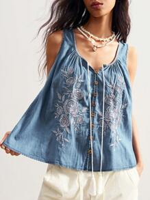 Bohemela Boho Denim Country Style Vintage Casual Western Cowboy Rose Embroidered Pattern Woven Denim Vest Boho Tops For Women