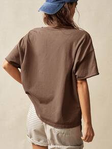 Bohemela 纯色针织圆领短袖宽松水洗女式T恤 - 棕色 - 查看 2