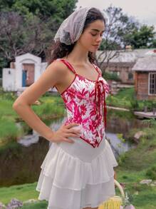 SHEIN 1pc Women Floral Print Eyelet Lace-Up Tank Top, Shapewear - Red and White - View 5