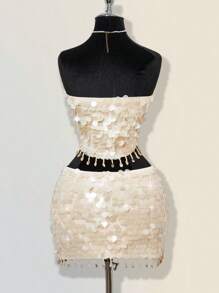 SHEIN ICON U型腰超低腰亮片贝壳流苏裙 - 杏色 - 查看 2