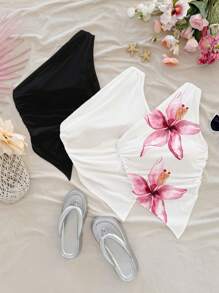 Soleia 3pcs/Set Women Casual Ruched Asymmetric Hemline Tight Camisole Tank Top Set, Suitable For Summer Holiday, Floral Print Suitable For Going Out