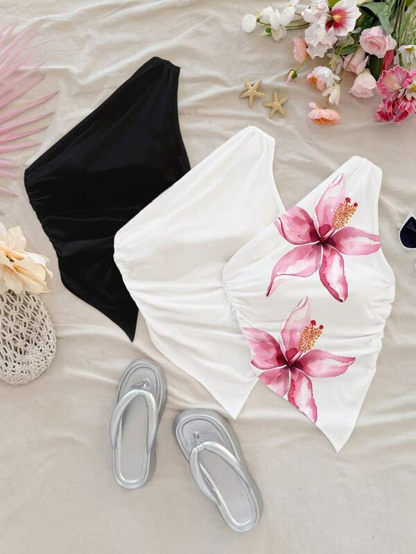 Soleia Set 3 bucăți/set pentru femei, casual, cu tiv asimetric, strâmt, camisol, potrivit pentru vacanța de vară, imprimeu floral