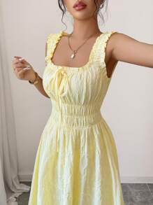 Elenzga New Woven Texture Floral Fabric Dress For Women, Spaghetti Strap Bowknot Design Waist Gathering A-Line Fashionable Versatile Elegant Refined