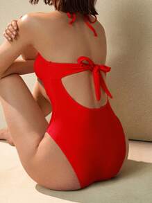 Swim Basics Traje de baño de una pieza con pliegues y lazo minimalista para mujer, color beige, para vacaciones en la playa - Rojo - Ver 2