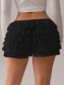 SHEIN SXY Quần short cạp thấp viền ren trắng xếp nếp - màu đen - Xem 2