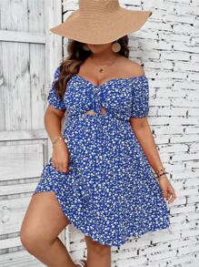 Breezaya Vestito casual con stampa floreale piccola, scollo alla spalla, lavorazione traforata, adatto per taglie comode, per vacanze