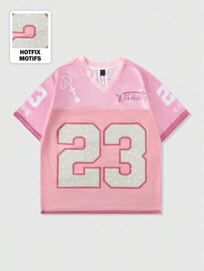 Street Life T-shirt de sport à manches courtes pour hommes avec cristaux de strass et patchwork en tissu mesh