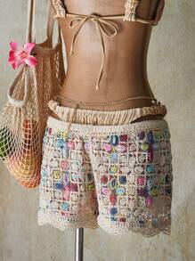 SHEIN ICON 秋冬女士度假休闲彩色镂空针织短裤 - 彩色 - 查看 9