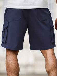 Manfinity Homme Plus Size Men's Casual Cargo Loose Drawstring Shorts, Summer - Dusty Blue - View 2