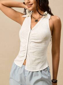 Easelle Blusa ajustada de mujer casual y vintage de tirantes con rayas y fruncido en los lados, para primavera/verano - Amarillo - Ver 5