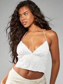 MISSGUIDED Top corto con cuello halter, doble tirante en la espalda, decorado con lentejuelas para fiestas de verano, noches y salidas a clubes - Blanco - Ver 4