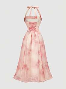 SHEIN MOD Rochie romantică franceză cu trandafir și flori, rochie de vară, rochie de absolvire - Multicolor - Vizualizare 2