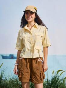 In My Nature Women's Outdoor Casual Sports Utility Button Pocket Short Sleeve Shirt - Yellow - View 7