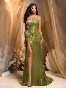 Vowa Jupe sirène élégante et luxueuse en tissu froncé avec élastique et incrustations de strass, convenant pour les mariages, les fêtes, les banquets et les événements formels (très orné) - Vert - Voir 2