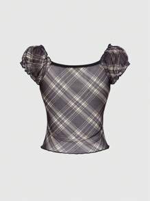 ROMWE J-Fashion 女式格子甜心领口插肩袖短款T恤，夏季时尚 - 棕色 - 查看 2