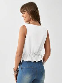 SHEIN LUNE Drawstring Waist Ruffle Hem Top - White - View 3