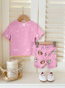 SHEIN 可爱小狗粉色彩虹蝴蝶结花卉印花女婴休闲宽松圆领短袖T恤和紧身裤两件套骑行短裤套装，适合春夏季 - 彩色 - 查看 3