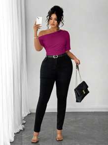 Rometta Plus Size Women Elegant Personalized Versatile Fashion Casual Commuting Cold-Shoulder Top - Hot Pink - View 9