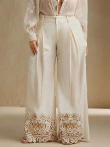 Anewsta Plus Size Women Hollowed-Out Embroidered Floral Embroidery Long Pants, Spring/Summer Graduation,Back To School,Teacher - Apricot - View 4