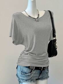 SHEIN EZwear 夏季 Y2K 复古摇滚风灰色针织女式 T 恤，蝙蝠袖纯色 - 灰色 - 查看 6