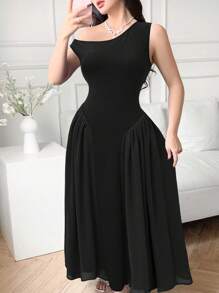 Modelyn 1 pieza Vestido formal de mujer elegante de color negro sólido con cuello asimétrico