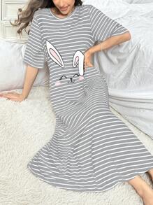 Modelyn Women Striped Cartoon Print Nightgown