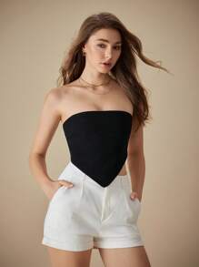 SHEIN Essnce 女士性感纯色露背短款牛仔背心，夏季 - 黑色 - 查看 8